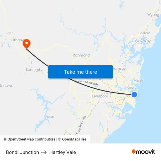 Bondi Junction to Hartley Vale map