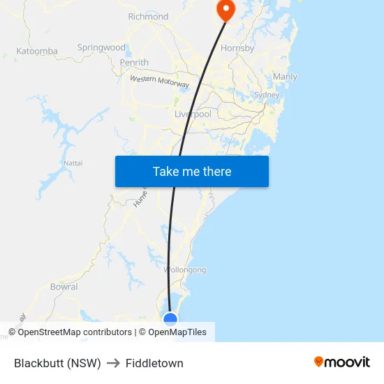 Blackbutt (NSW) to Fiddletown map