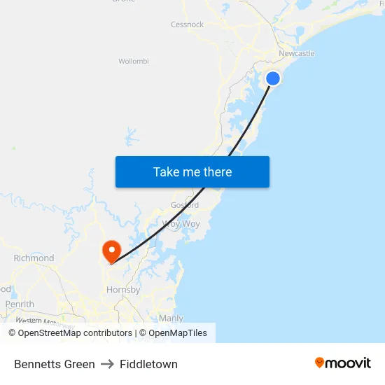 Bennetts Green to Fiddletown map