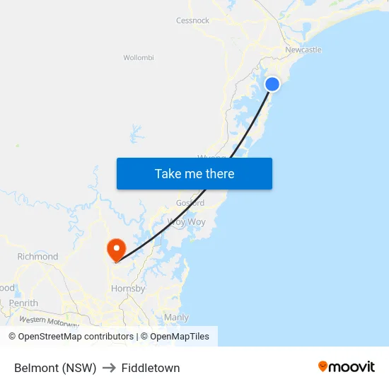 Belmont (NSW) to Fiddletown map