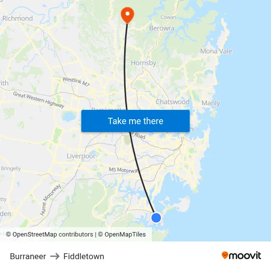 Burraneer to Fiddletown map