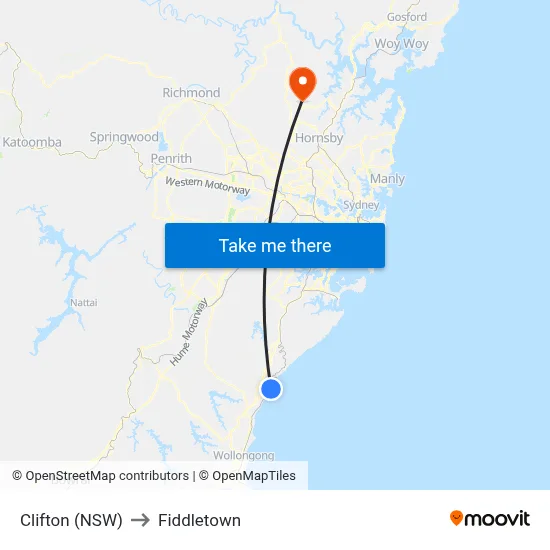 Clifton (NSW) to Fiddletown map
