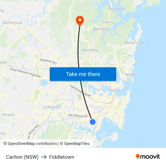 Carlton (NSW) to Fiddletown map