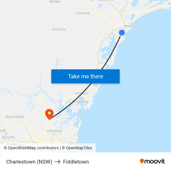 Charlestown (NSW) to Fiddletown map