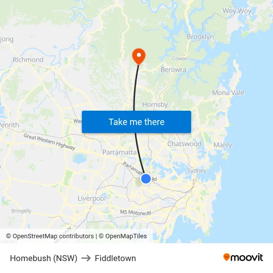 Homebush (NSW) to Fiddletown map