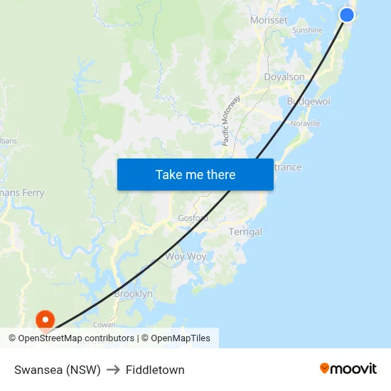 Swansea (NSW) to Fiddletown map