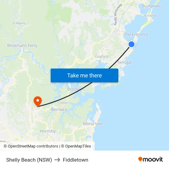 Shelly Beach (NSW) to Fiddletown map