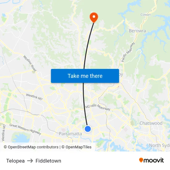 Telopea to Fiddletown map