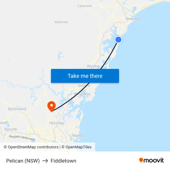 Pelican (NSW) to Fiddletown map