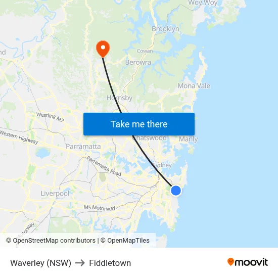 Waverley (NSW) to Fiddletown map