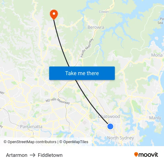 Artarmon to Fiddletown map