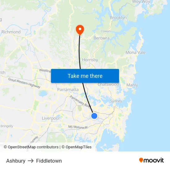 Ashbury to Fiddletown map