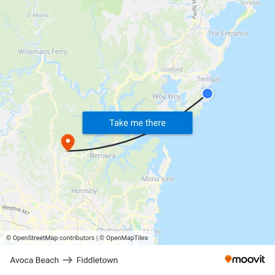 Avoca Beach to Fiddletown map