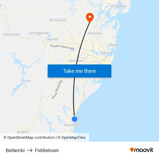 Bellambi to Fiddletown map