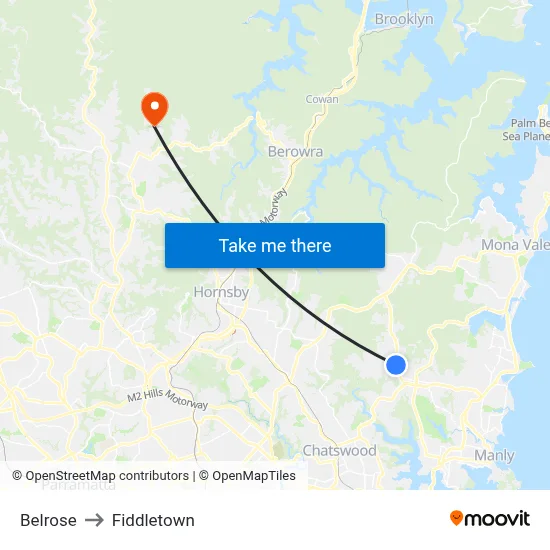 Belrose to Fiddletown map