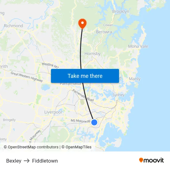 Bexley to Fiddletown map