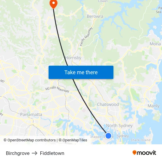 Birchgrove to Fiddletown map