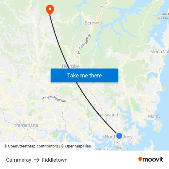 Cammeray to Fiddletown map