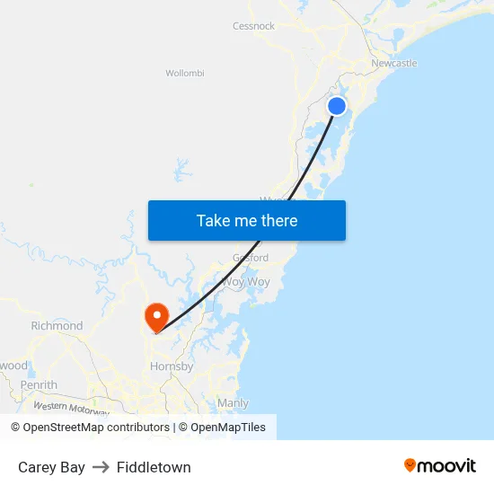 Carey Bay to Fiddletown map