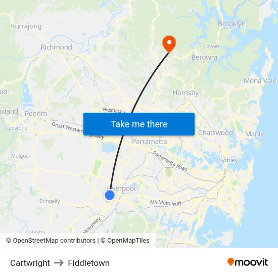 Cartwright to Fiddletown map