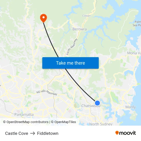 Castle Cove to Fiddletown map