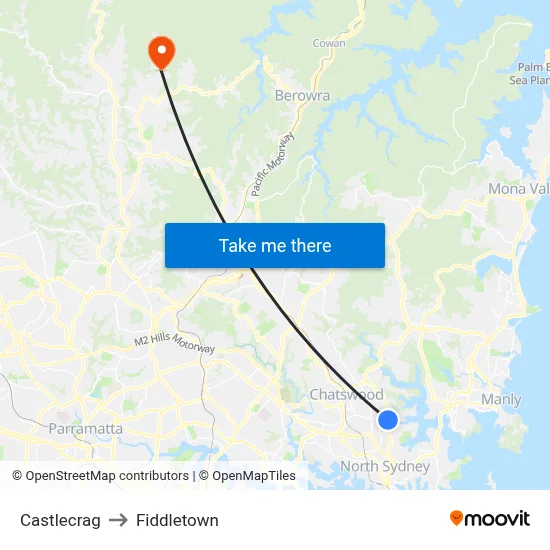 Castlecrag to Fiddletown map