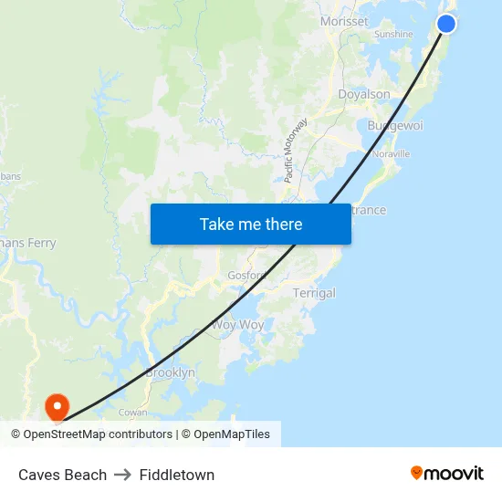 Caves Beach to Fiddletown map