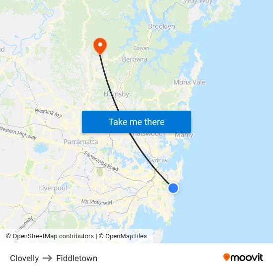Clovelly to Fiddletown map