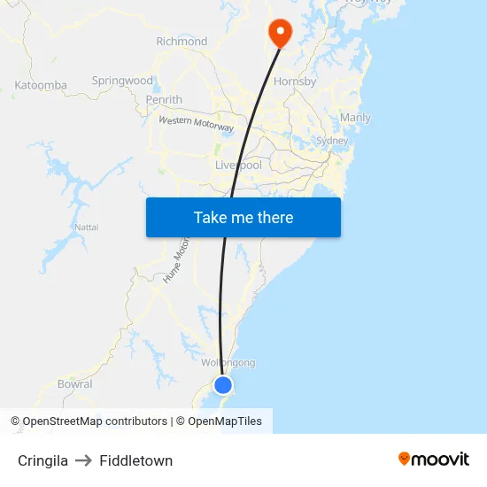 Cringila to Fiddletown map