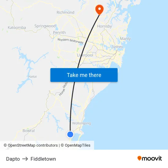Dapto to Fiddletown map