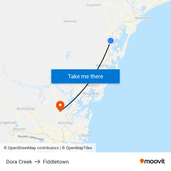 Dora Creek to Fiddletown map