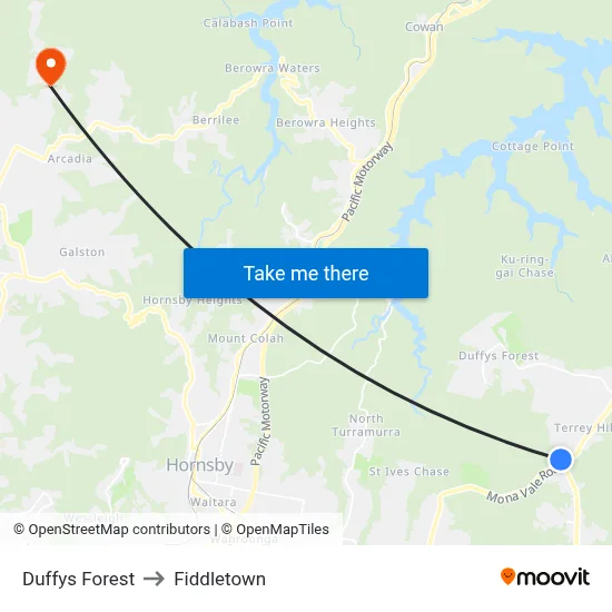 Duffys Forest to Fiddletown map