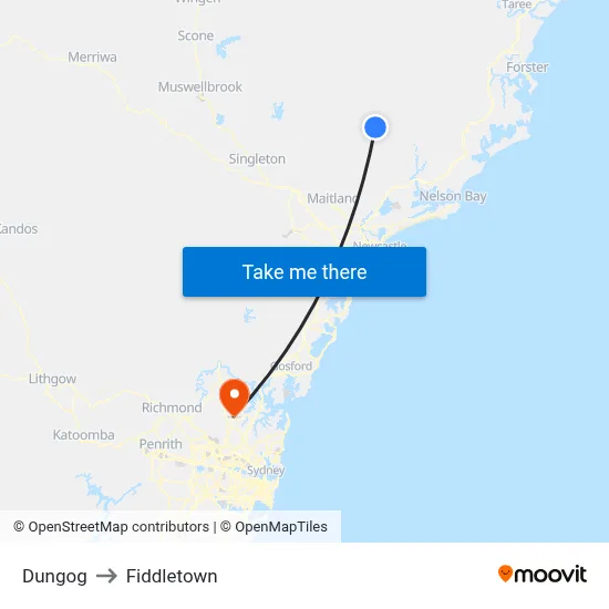 Dungog to Fiddletown map