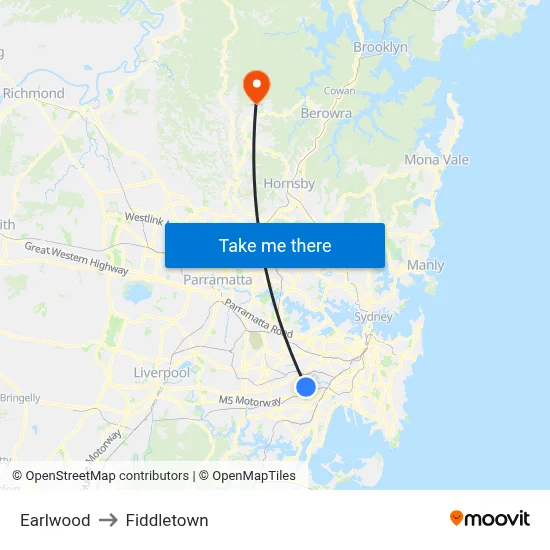 Earlwood to Fiddletown map