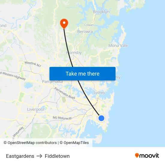 Eastgardens to Fiddletown map