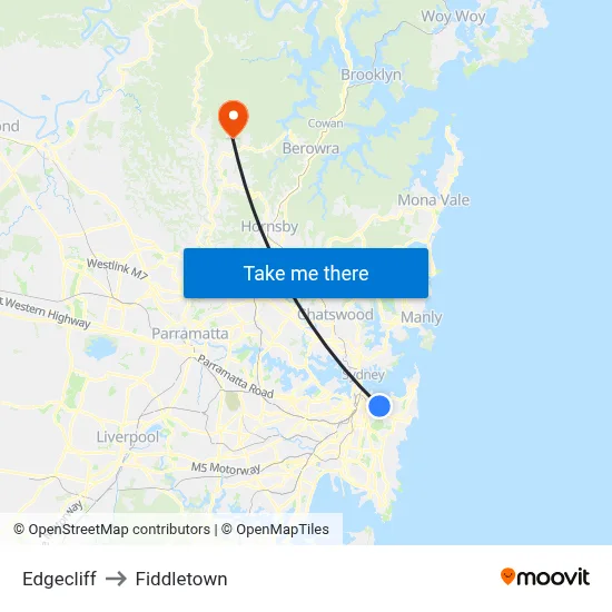 Edgecliff to Fiddletown map