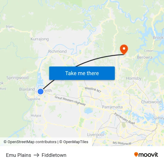 Emu Plains to Fiddletown map