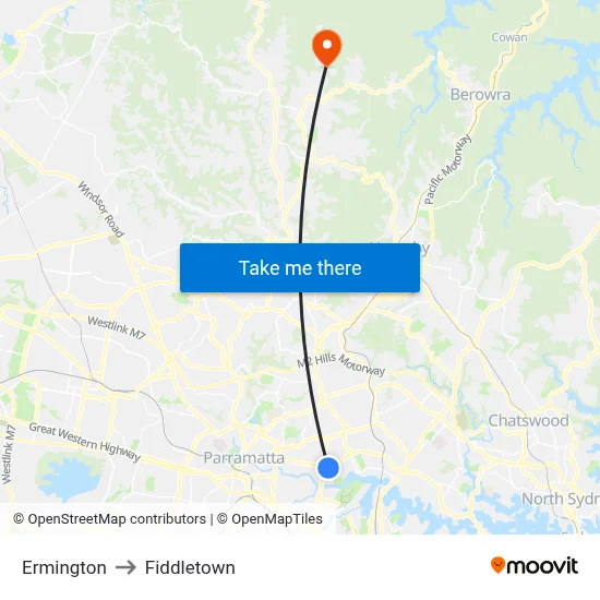 Ermington to Fiddletown map