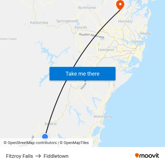 Fitzroy Falls to Fiddletown map