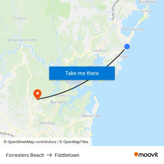 Forresters Beach to Fiddletown map