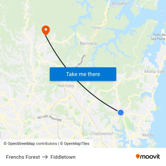 Frenchs Forest to Fiddletown map