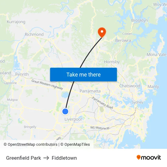 Greenfield Park to Fiddletown map