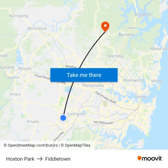 Hoxton Park to Fiddletown map