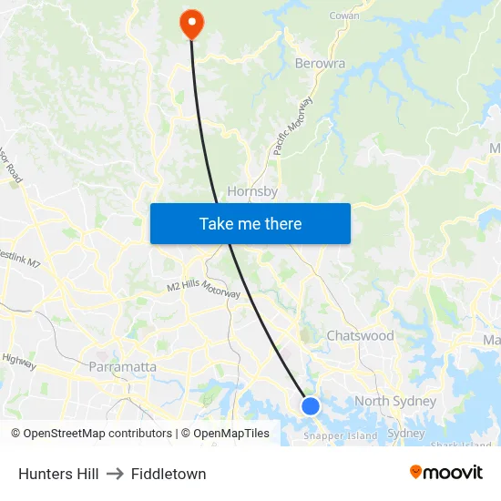 Hunters Hill to Fiddletown map