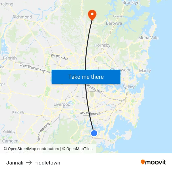 Jannali to Fiddletown map