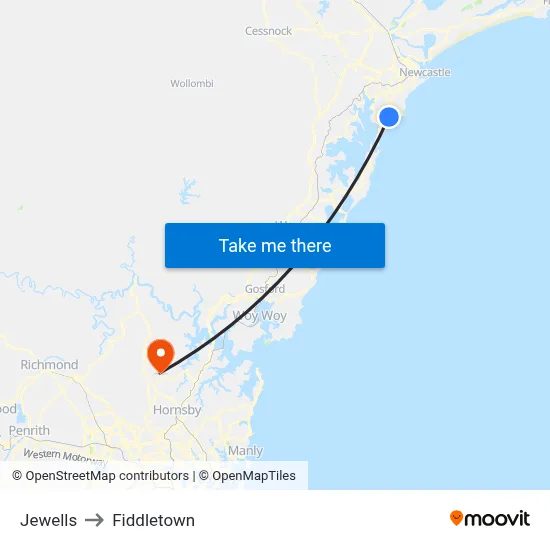 Jewells to Fiddletown map