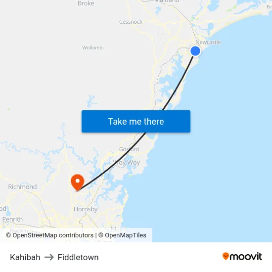 Kahibah to Fiddletown map