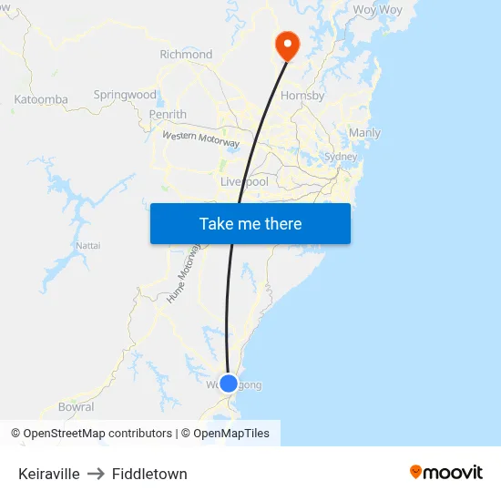 Keiraville to Fiddletown map