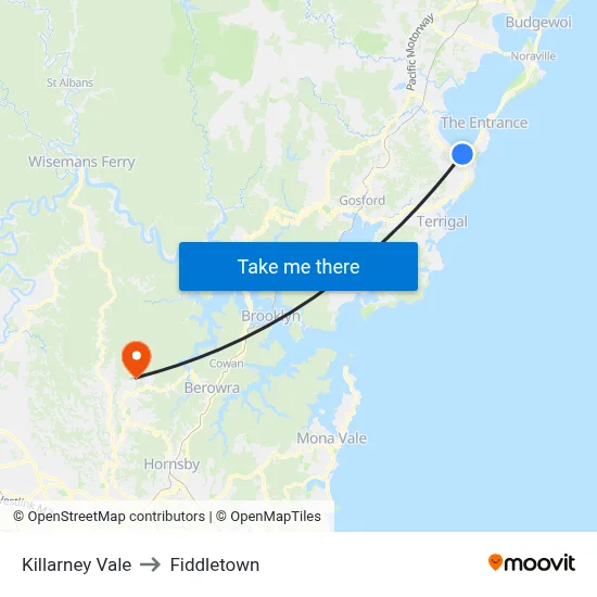 Killarney Vale to Fiddletown map