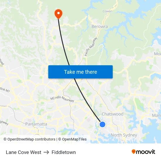 Lane Cove West to Fiddletown map